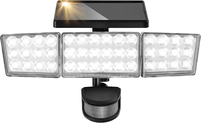 Solar Lights Outdoor, 3500LM 168 LED Motion Sensor Solar Flood Lights, 3 Heads 300° Wide Angle, 3 Modes IP65 Waterproof Solar Security Lights for Yard Garden Patio, 1 Pack (Black)