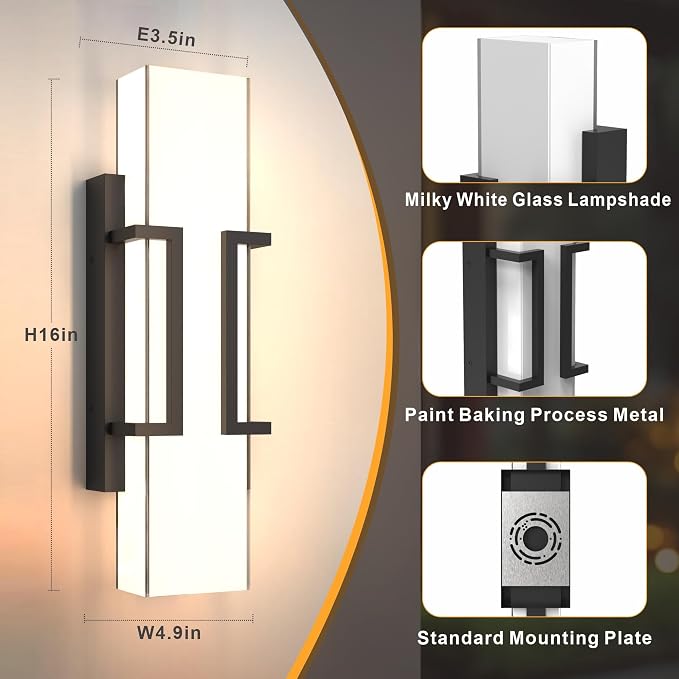 Hyunbae Modern Outdoor Wall Sconce Lights, Black Dimmable LED Porch Light | 16" Exterior Lighting Fixtures, IP65 Wall Mount Waterproof, White Glass Shade, House Garage Patio Use, 3000K Warm Glow