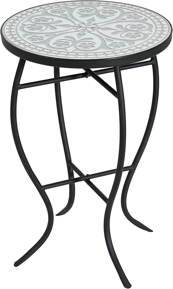 White Embossed Floral Mosaic Round Side Table, Vintage Patio End Table with Curved Black Wrought Iron Legs, Weather Resistant Small Accent Table for Balcony Backyard Porch Living Room