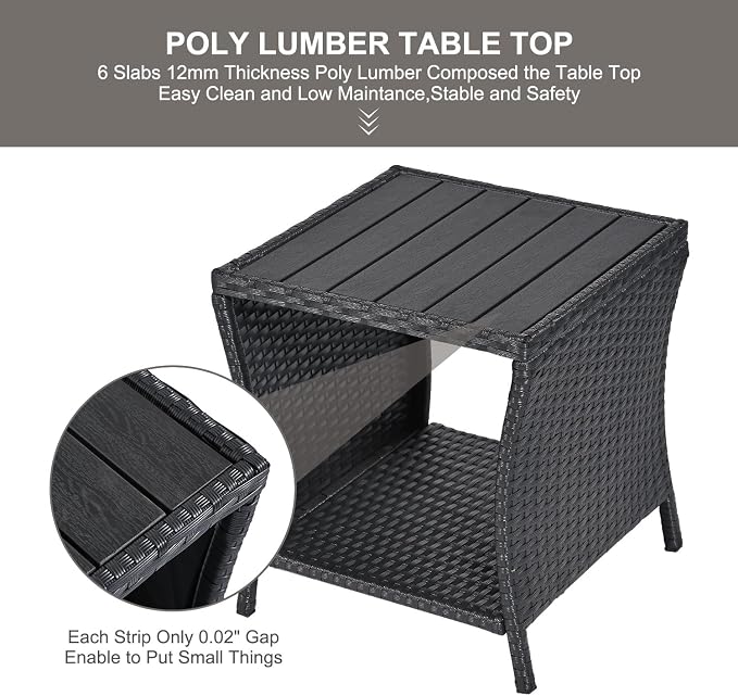 Outdoor Patio Side Table Small Black Wicker Rattan End Table for Outside Storage Coffee Table with Poly Lumber Table Top for Garden Lawn Pool Porch Deck