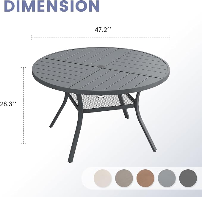 VICLLAX 47.2" Round Outdoor Table, Patio Dining Table for 6 with Umbrella Hole for Garden Lawn Deck Backyard, Dark Grey