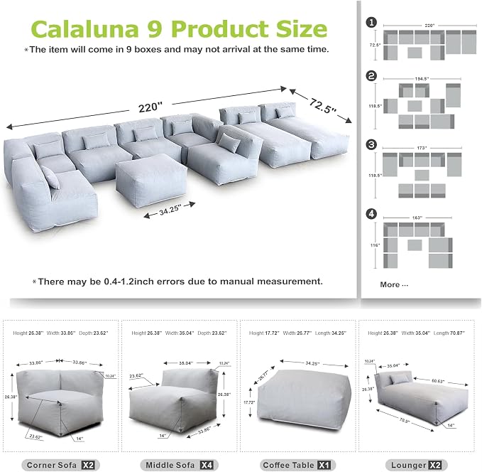 Dineli ANNYH Patio Eraclea 9PCS Outdoor Furniture Sectional Conversation Set - 2 Lounger 4Middle 2 Corner 1 Ottoman/Coffee-Expansion Foam Filling Chairs. Unique Modular Contemporary Sofa (Cloud Gray)
