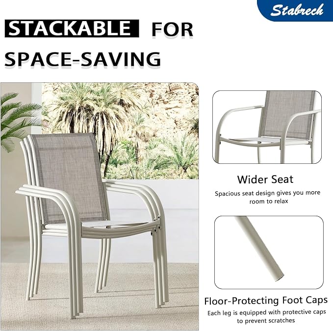 9 Pieces Patio Dining Set for 8, Grey Patio Stackable Chairs and Black Round Table Set of 8, Outdoor Furniture Set with Sling Support for Outside, Garden