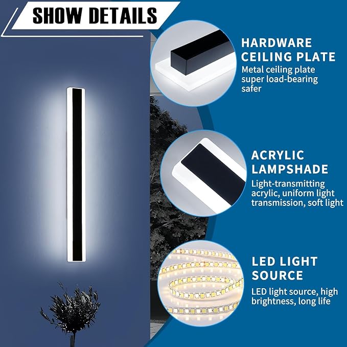 Modern Outdoor Wall Sconce, 31.4inch LED Outside Wall Light Fixture, IP65 Waterproof, 6000K Cold White, Black Minimalist Exterior Lighting Patio Wall Lamps for House, Porch, Garage, Garden