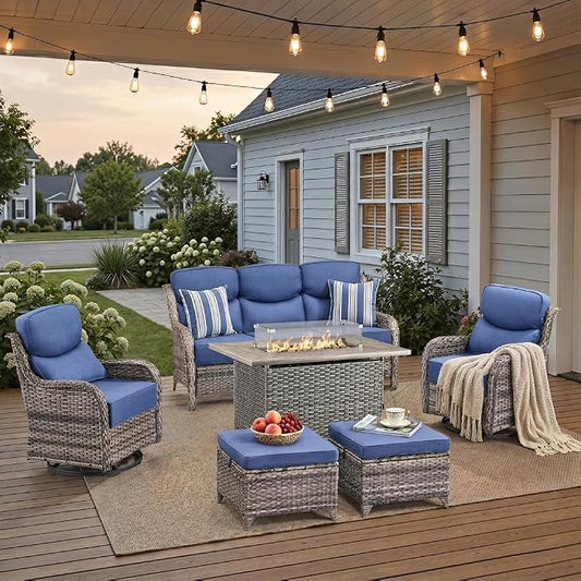 Luxury Patio Furniture Set with 42.5" Fire Pit Table, 6 Pieces High Back All Weather Wicker Outdoor Furniture w/ 6-Inch Thick Cushions, Patio Swivel Chairs Couch for Deck Balcony Backyard Grey/Blue