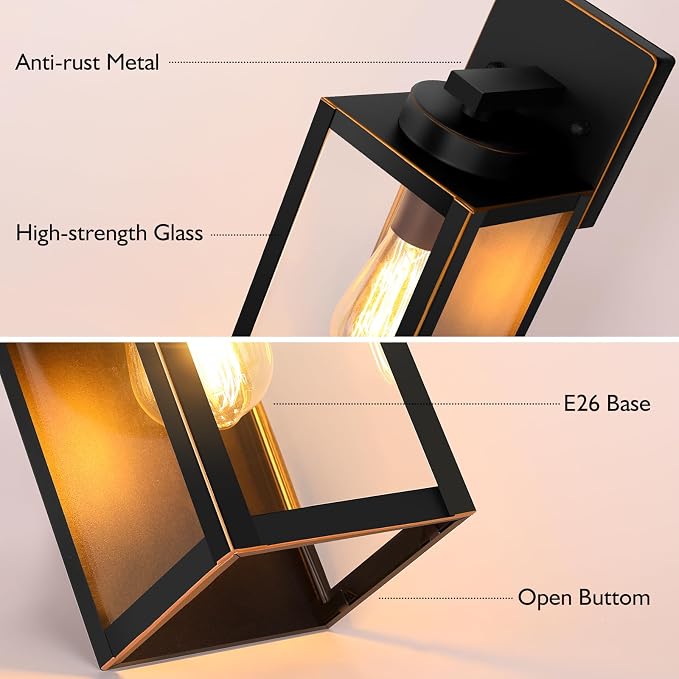 BesLowe Outdoor Wall Light, Modern Porch Sconce, Black with Gold Trim | Waterproof, Rust-Resistant, Durable Metal with Clear Glass, Standard E26 Socket, Easy to Install