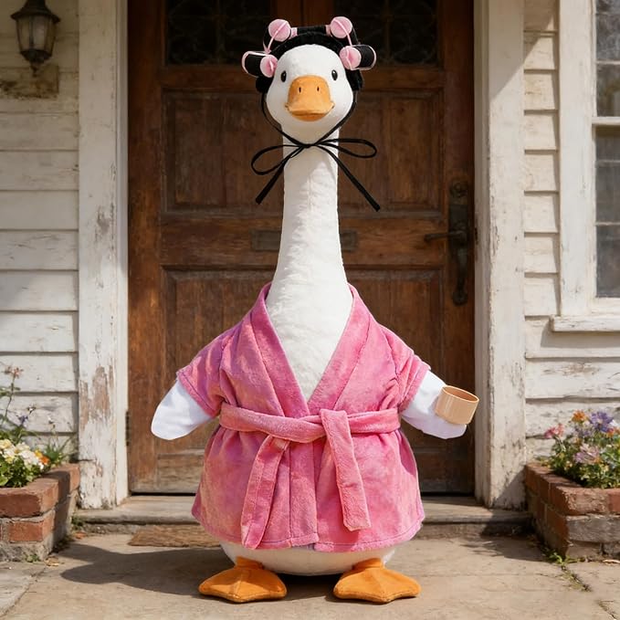 Old Lady Porch Goose Outfits Grandma Goose Clothes Glasses Curly Wig Floral Print Dress Cardign and Pearl Necklace,23'' Geese Statue Outdoor Patio Yard Lawn Decoration (Pink B)