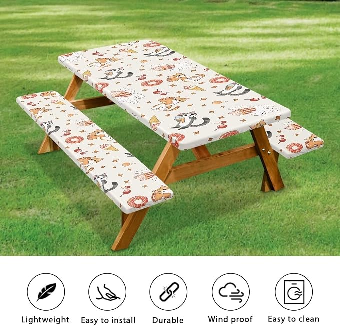 Cute Cat Table Cover with Bench Covers Washable Rectangle Table Cover Outdoor Patio Camping Essentials Picnic Table and Chair Decorative Cover Suitable for Family Gatherings Vacations