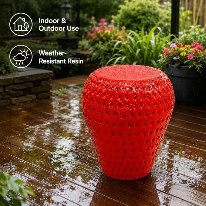 13.4" Strawberry Outdoor Garden Stool, Funky Fruit Side Table Indoor, Vibrant Table Home Decor Plant Stand Garden Indoor Outdoor Decorations