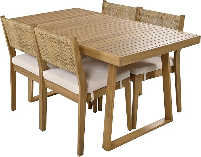 5 Pieces Outdoor Acacia Wood Dining Table Set with 63" L Table and 4 Chairs, Multi-Person Patio Dinner Set with Thick Cushions for Balcony, Backyard, Garden or Poolside, Natural Beige