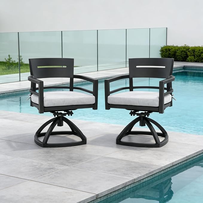 2PCS Patio Aluminum Swivel Dining Chairs, All-Weather Outdoor Swivel Rocker Chair with Comfort Fabric Cushions for Garden, Backyard, Poolside, Bistro, Ember Black