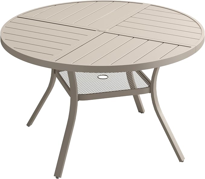 VICLLAX 40.6" Round Patio Dining Table for 4, All Weather Metal Outdoor Table with 1.57" Umbrella Hole and Storage Shelf for Garden Lawn Deck, Sandshell
