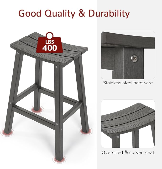 Stoog All-Weather Bar Stools Set of 2, 28" Outdoor Barstools, Never Rot or Fade, Low Maintenance HIPS Furniture for Bar, Kitchen Counter, Deck & Patio, Grey
