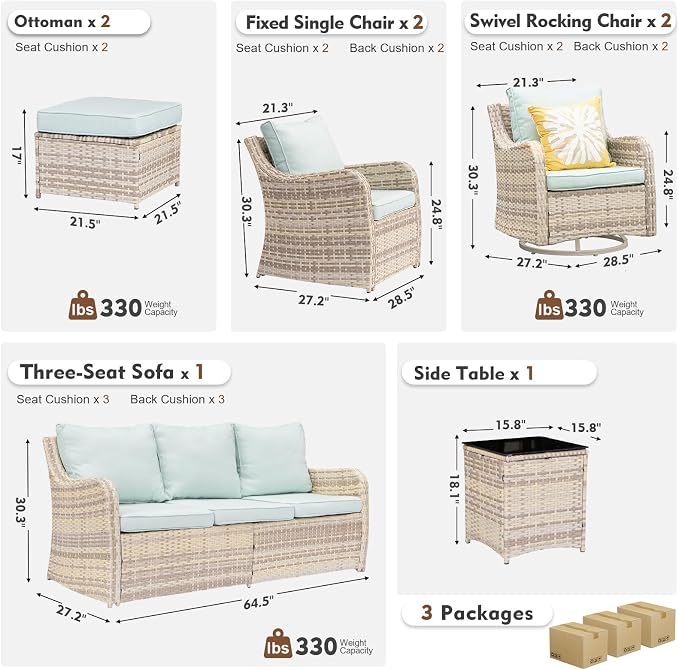 MEISSALIVVE 8 Pieces Patio Furniture Set with Swivel Chair, Wicker Patio Sofa, Rattan Conversation Set with Three-seat Sofa, 2 Fixed Single Chair for Lawn Backyard (Blue)