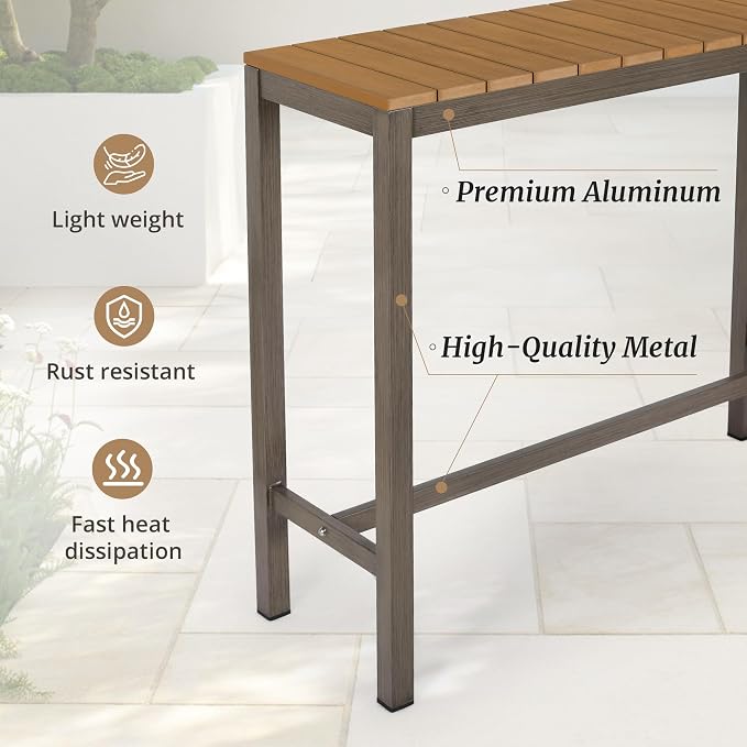 Cozyman Outdoor Bar Table Set of 2, 38" Patio Bar Height Counter Table, Weather Resistant, Waterproof HDPS Slatted Top Console Table for Hot Tub, Balcony, Yard, Indoor or Outdoor Use, Teak