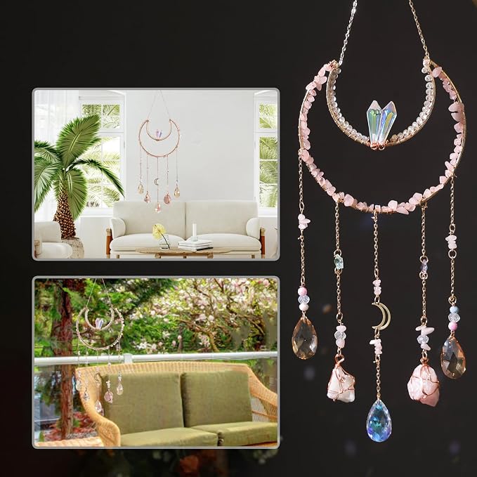 Crystal Suncatcher, Dreamsum Window Suncatchers with Crystals and Stones | Sun Catchers Indoor, Window Catcher with Prism Slices, Moon Crystal Suncatchers gift for Girls, Lover and Mom-Pink