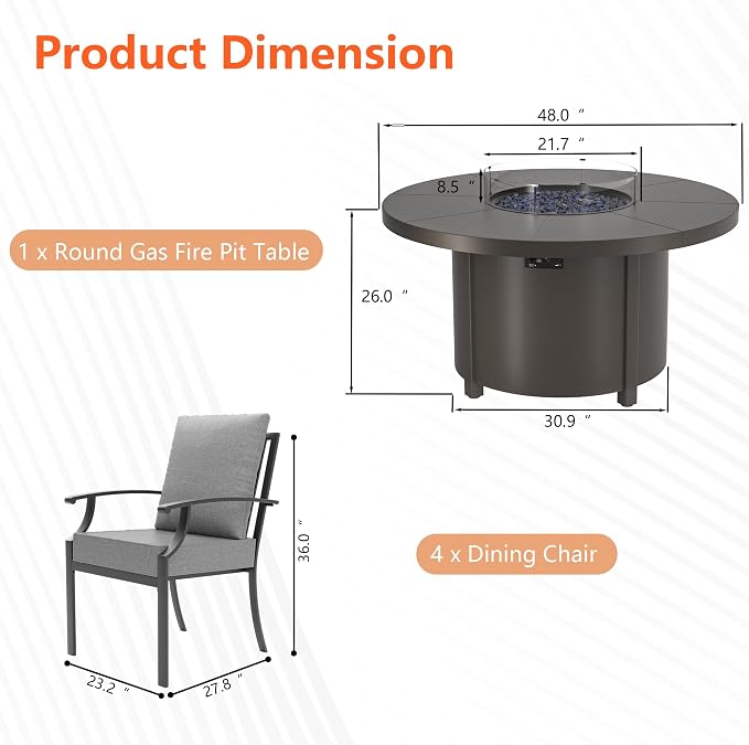 5 Pieces Outdoor Patio Furniture Set with 48" 55000 BTU Round Propane Fire Pit Table,Patio Dining Set Outdoor Conversation Sets 4 Chairs for Deck,Backyard and Garden,Grey