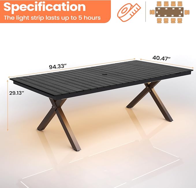 Pellebant 94" Outdoor Dining Table with LED Lights, 8-10 Person Aluminum Patio Table with Umbrella Hole, Sturdy Frame & 8ft Wood Grain Tabletop for Deck, Porch, Backyard