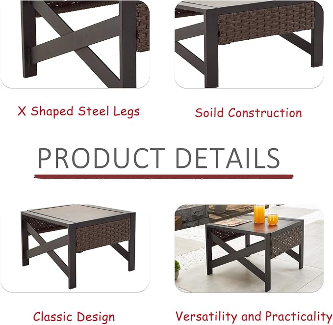 LOKATSE HOME Outdoor Metal Patio Bistro Coffee End X Shaped Steel Legs, Wicker Rattan Around, Side Table, Brown