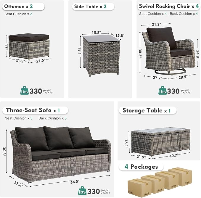 MEISSALIVVE Patio Furniture Set with Swivel Rocking Chairs, 10 Pieces Patio Conversation Set, Outdoor Wicker Sofa Couch with Waterproof Cushions for Lawn Backyard Porch (Black)