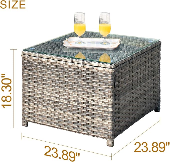 ovios Outdoor Side Table with Tempered Glass Top, Patio Wicker Coffee Table, Rattan Bistro End Table for Porch Deck Balcony Garden Poolside, Grey