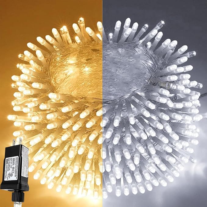 Warm White to Cool White Color Changing 300 LED 115FT Christmas String Lights for Outdoor&Indoor, 8 Modes Christmas Decorations Clear Wire Fairy Waterproof Lights with Memory Function & Remote & Timer