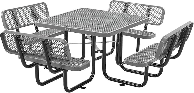 Global Industrial 46" Square Picnic Table with Backrests, Expanded Metal, Gray Thermoplastic Coating, 1-1/2" Umbrella Hole, Outdoor-Rated, 1000 Lbs Capacity