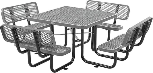 Global Industrial 46" Square Picnic Table with Backrests, Expanded Metal, Gray Thermoplastic Coating, 1-1/2" Umbrella Hole, Outdoor-Rated, 1000 Lbs Capacity