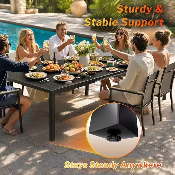 MEOOEM Expandable Patio Dining Table for 8, 78.8" Large Long Adjustable Rectangular Outdoor Table for 4-8 Person, 500LBS Sturdy Black Metal Extendable Patio Table for Outside,Garden, Lawn, Backyard