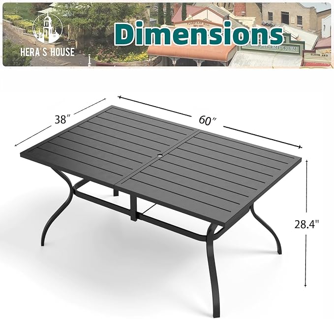 HERA'S HOUSE Patio Dining Table, 60" x 38" Rectangular Large Surface 6 Person Steel Frame Outdoor Dining Table with Umbrella Hole for Lawn Garden Backyard