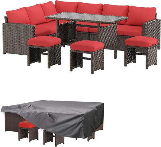 AECOJOY Outdoor Patio Furniture Set with Waterproof Cover, 7 Pieces Clearance Sectional Rattan Dining Table&Chairs, All Weather Wicker Conversation Sofa Couch, Red Cushions&Brown Rattan