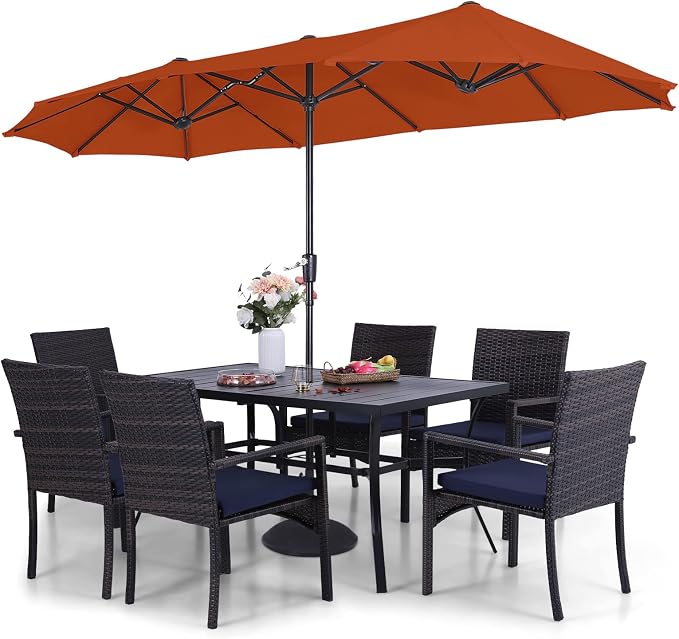 Sophia & William 7pc Patio Dining Set with Red Umbrella, 6 Rattan Chairs | 6 Cushioned rattan chairs + 1 metal table with umbrella. Perfect for backyard, deck, porch.