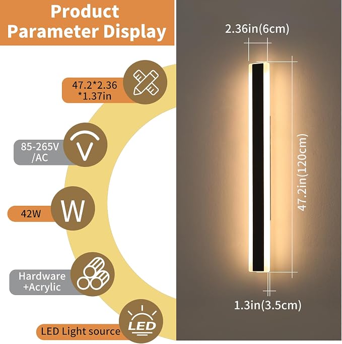47inch Outdoor Wall Sconces, Dimmable 3000K-6000K Exterior Long Wall Lights, IP65 Waterproof, Modern Wall Mounted Light Fixture for Patio, Garage, Porch, Yard with Remote Control