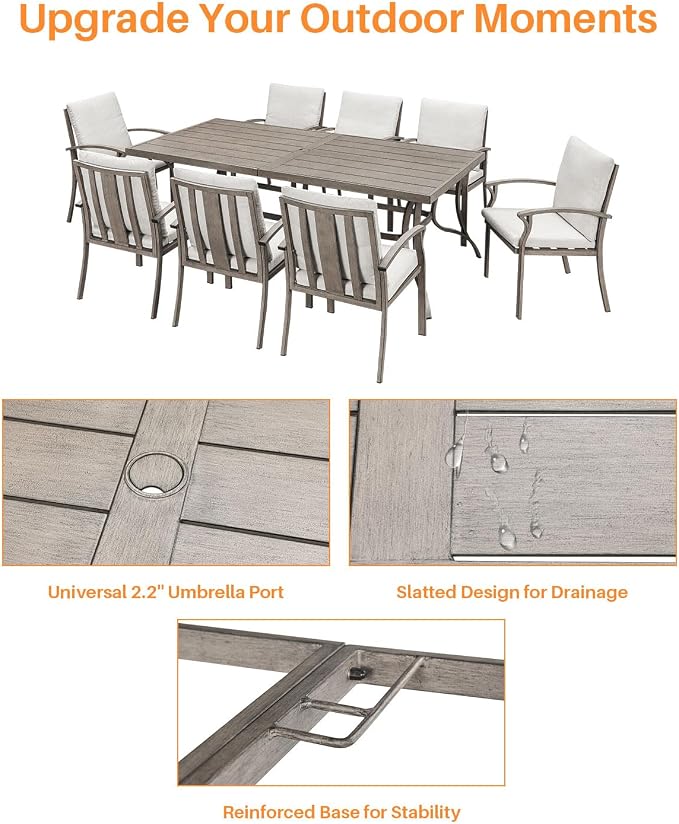 9-Piece Outdoor Dining Set, Never Rusts Aluminum Patio Dining Set with Umbrella Hole, Outdoor Table and Chairs with Cushions, Patio Furniture Sets for Decks, Lawn, Garden, Backyard, Limed Oak