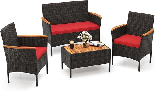 Tangkula 4 Pieces Patio Wicker Sofa Set, 2 Rattan Chairs & Loveseat w/Coffee Table, Acacia Wood Armrests & Tabletop, Outdoor Cushioned Conversation Set for Backyard, Poolside (Red, 4 Pieces)