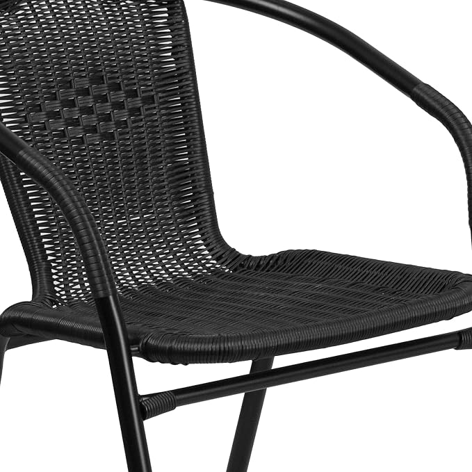 Flash Furniture 5-Piece 28" Square Indoor/Outdoor Patio Table and Chairs Set, Dining Set with Glass Metal Bistro Table, 4 Stack Rattan Chairs, Black