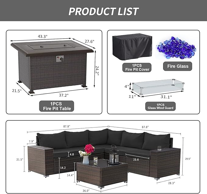 Kullavik 7 Pieces Outdoor Patio Furniture Set with 43" 55000BTU Gas Propane Fire Pit Table PE Wicker Rattan Sectional Sofa Patio Conversation Sets, Black