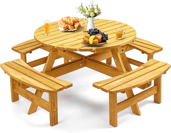 Zevemomo 8 Person Wood Picnic Table, Round Tabletop with Umbrella Hole, 4 Built-in Curved Benches, 2220LBS Total Capacity for Patios, Backyard, Light Wood Color