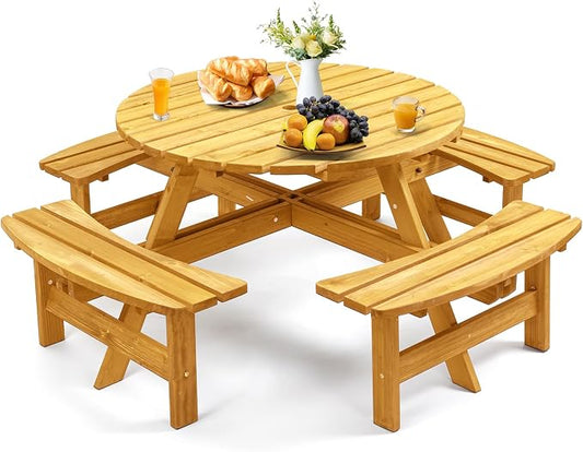 Zevemomo 8 Person Wood Picnic Table, Round Tabletop with Umbrella Hole, 4 Built-in Curved Benches, 2220LBS Total Capacity for Patios, Backyard, Light Wood Color