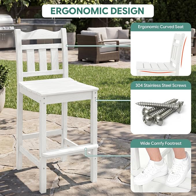 3-Piece Outdoor Bar Set, HDPE Adirondack Bar Height Chairs Set of 2 and Round Bar Table, All Weather Patio Bistro Set for Balcony, Poolside, Backyard (White)