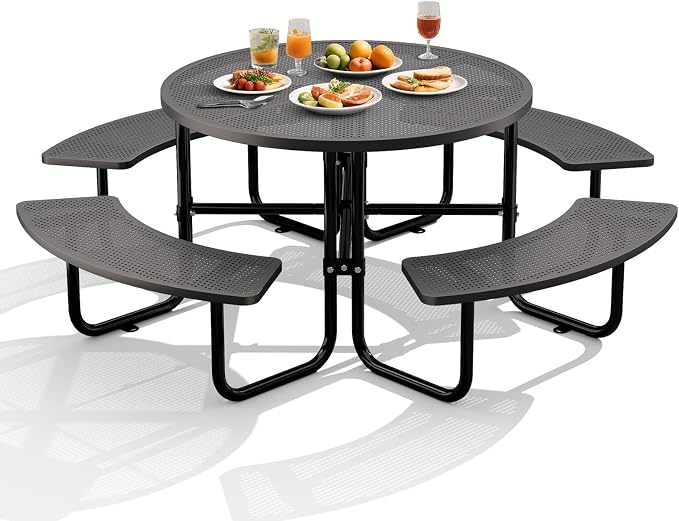 Round Heavy Duty Picnic Table for Outdoors Commercial Camping Table with Umbrella Hole up to 1.78" Black Coated Steel Frame Waterproof Rust Resistant 3200 lbs Load Capacity