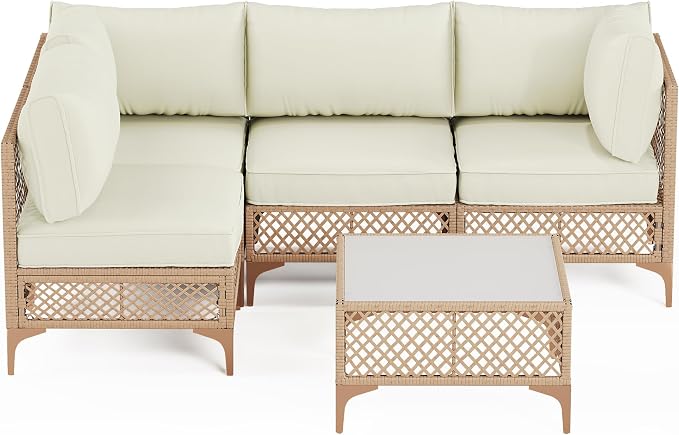 5-Piece Generous Patio Furniture Set, Wicker Outdoor Sectional Set with Large Tempered Glass Coffee Table, Boho Patio Conversation Couch Set with Thickened and Enlarged Cushion and Throw Cushion