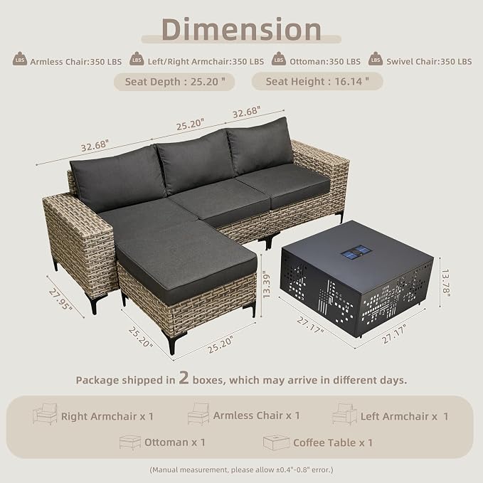 CAODOC 5-Piece Patio Furniture Set with L-Shape Sofa Chaise, Outdoor Sectional Couch Solar Table, Modern Modular Wicker Rattan Conversation Set