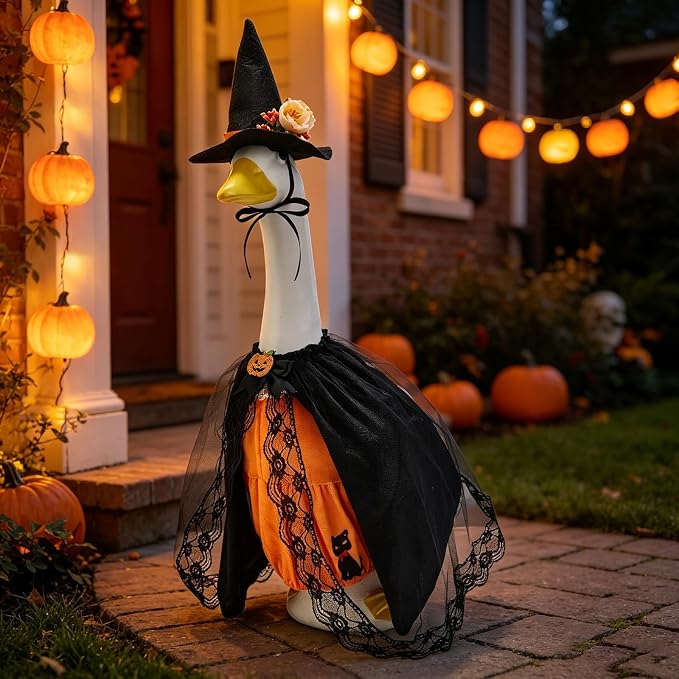 Old Lady Porch Goose Outfits Grandma Goose Clothes Glasses Curly Wig Floral Print Dress Cardign and Pearl Necklace,23'' Geese Statue Outdoor Patio Yard Lawn Decoration (Black)