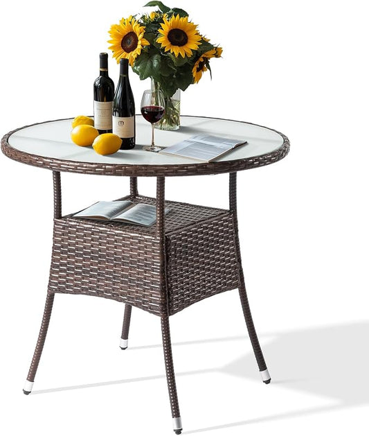 31.5 Inch Round Patio Dining Table for 2-4, Outdoor Wicker Table with Glass Top, All-Weather Rattan Bistro Coffee Table for Backyard, Deck, Porch, Poolside, Easy Assembly for Outdoor Use Brown