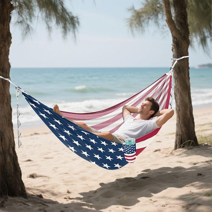 American Flag Camping Hammock, Portable Lightweight Single Hammock with Tree Straps and Aluminum Carabiners, 114" x 54" Travel Hammock for Hiking Backpacking Beach