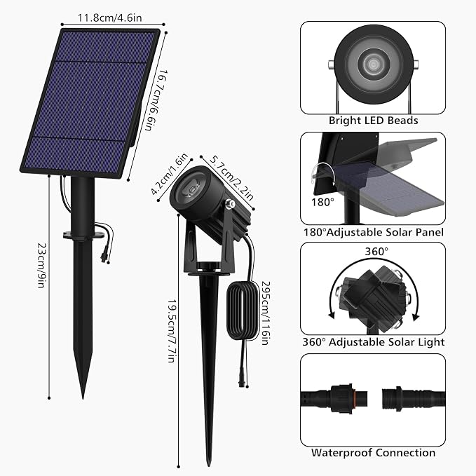 T-SUN Solar Spotlights Outdoor, 2-in-1 Waterproof Color Changing Solar Landscape Spotlights, Dusk to Dawn Dual Head Solar Lights for Garden, Yard, Driveway, Pool Area(RGB)