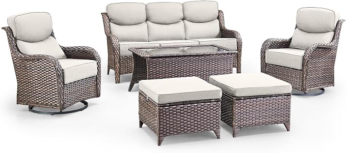 Swivel Patio Chairs sofa Set of 6 with 6" Thick Cushion - Wicker Outdoor Swivel Rocker Patio Chair ,Sofa/Glass coffee table, High Back Comfortable Outdoor Glider Chairs - Brown Wicker | Beige Cushions