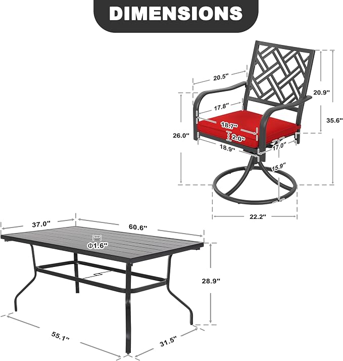 NUU GARDEN 7 Piece Outdoor Patio Dining Set, 61" x 37" Rectangle Table with Umbrella Hole and 6 Swivel Chairs with Red Cushions, for Lawn Balcony Garden, Black and Red