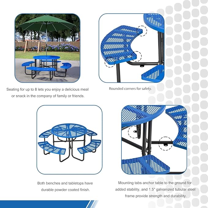 46" Heavy-Duty Portable Picnic Table for 8 People, Expandable Outdoor Table with Umbrella Hole – Commercial Grade for Garden, Patio, BBQs & Camping.